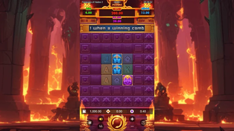 Treasures of Hades 2 - màn hình trò chơi chính của slot với các cuộn 3x3 và 20 betways từ Rectangle Games